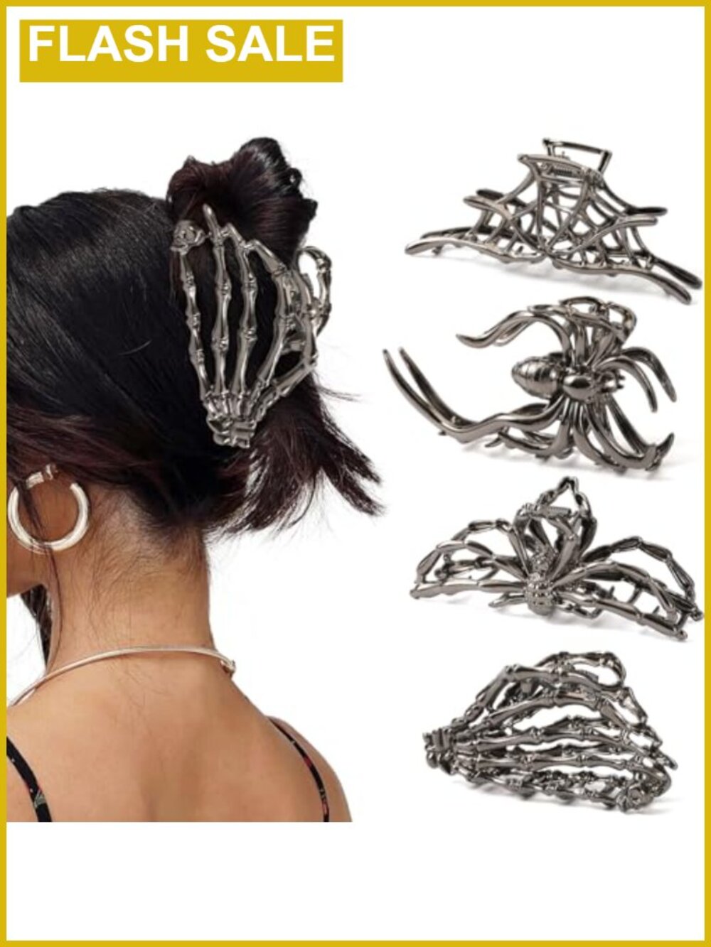 Metal Hair Claw Clips Gothic Spider Web Bat Skull 4 Pc Set